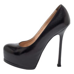 Saint Laurent Black Textured Leather Tribtoo Platform Pumps Size 37
