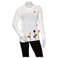 Valentino - Pull à manches longues en tricot de coton blanc avec appliques florales - M