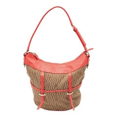 Aigner Coral/Brown Monogram Canvas and Leather Bucket Bag