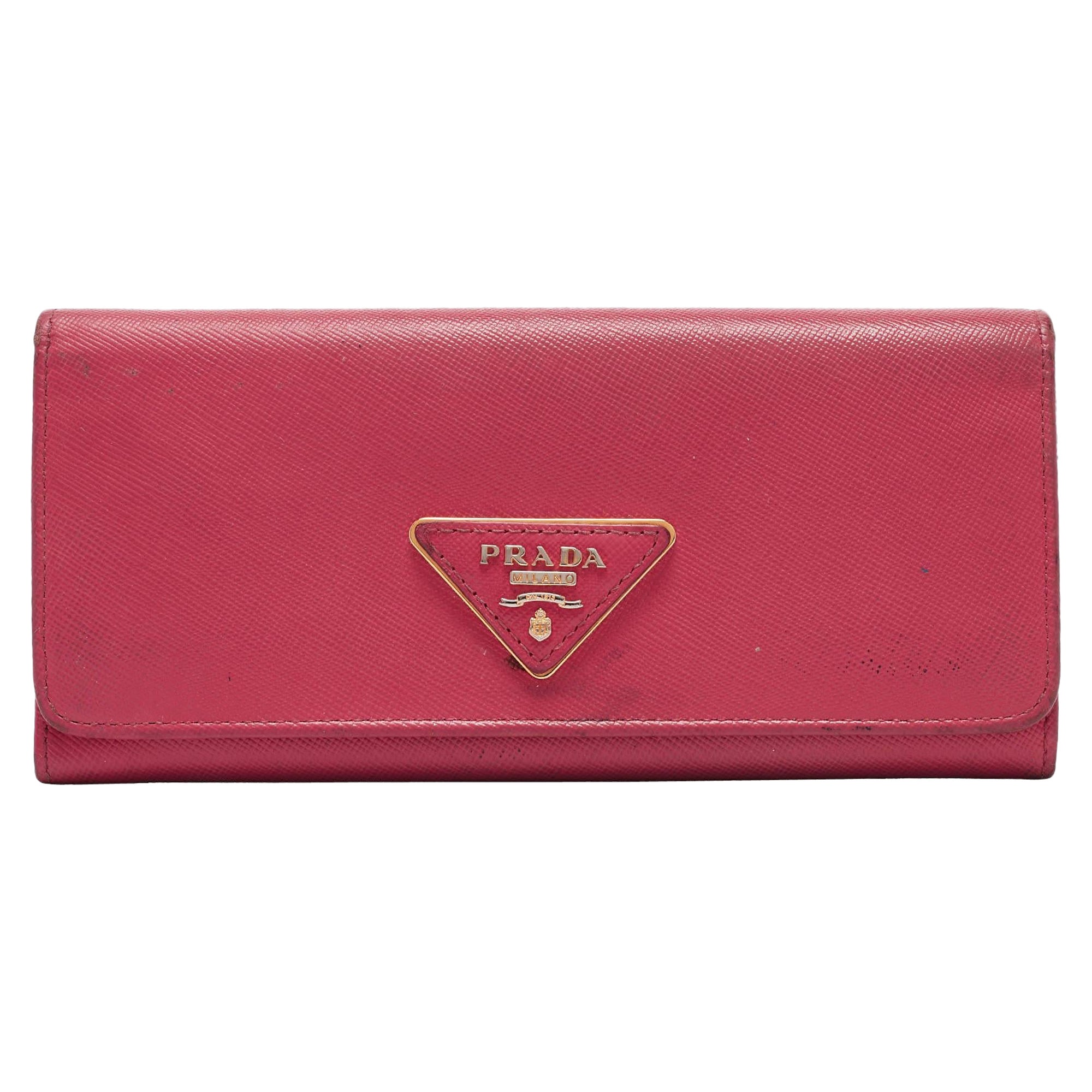 Prada Pink Saffiano Metal Leather Triangle Logo Flap Continental Wallet For Sale