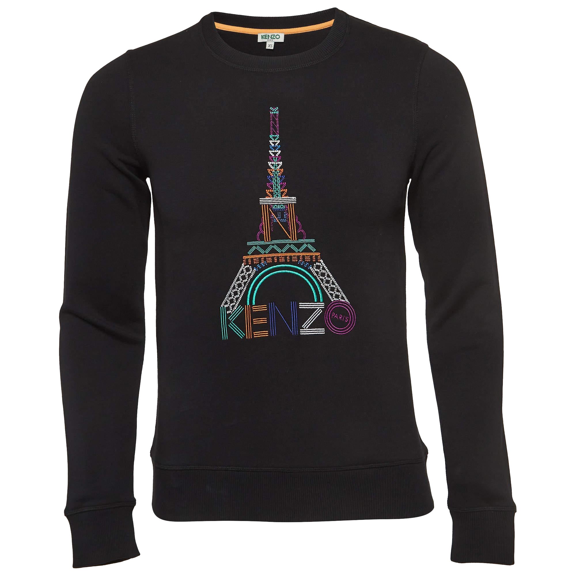 Kenzo Black Eiffel Embroidered Cotton Knit Crew Neck Sweatshirt XS For Sale