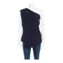 Escada Navy Blue Pleated Crepe Honeycomb Smocking Shoulder Nienke Top M