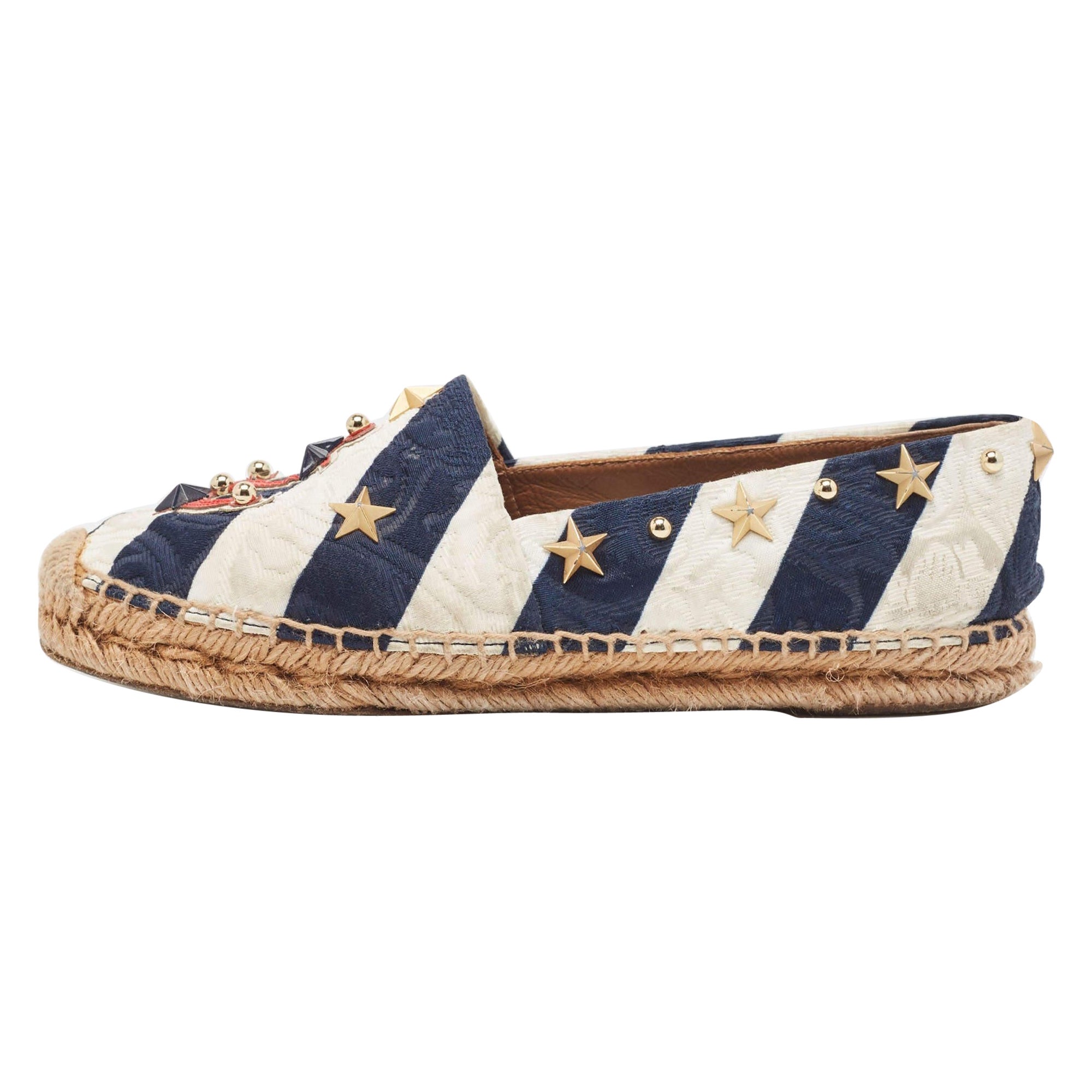 Dolce & Gabbana Navy Blue/White Striped Brocade Fabric Star Studded Flats Size36 For Sale