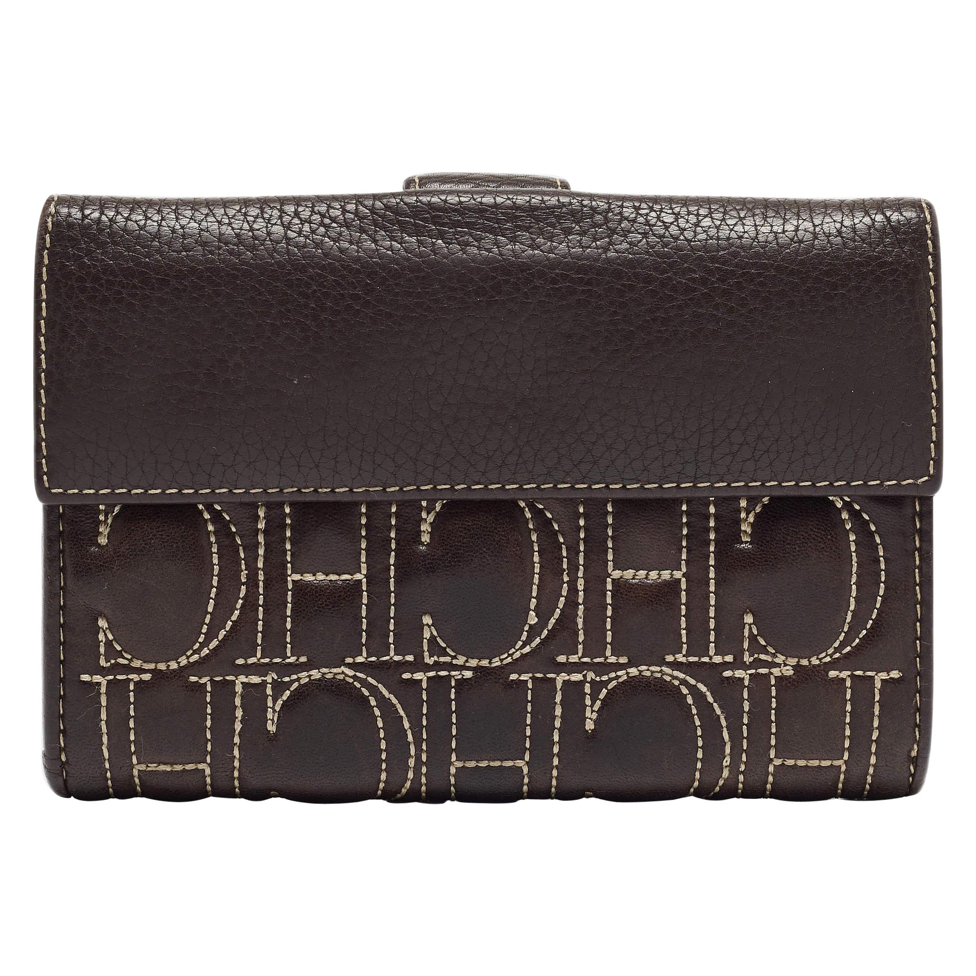 CH Carolina Herrera Choco Brown Monogram Leather Wallet For Sale