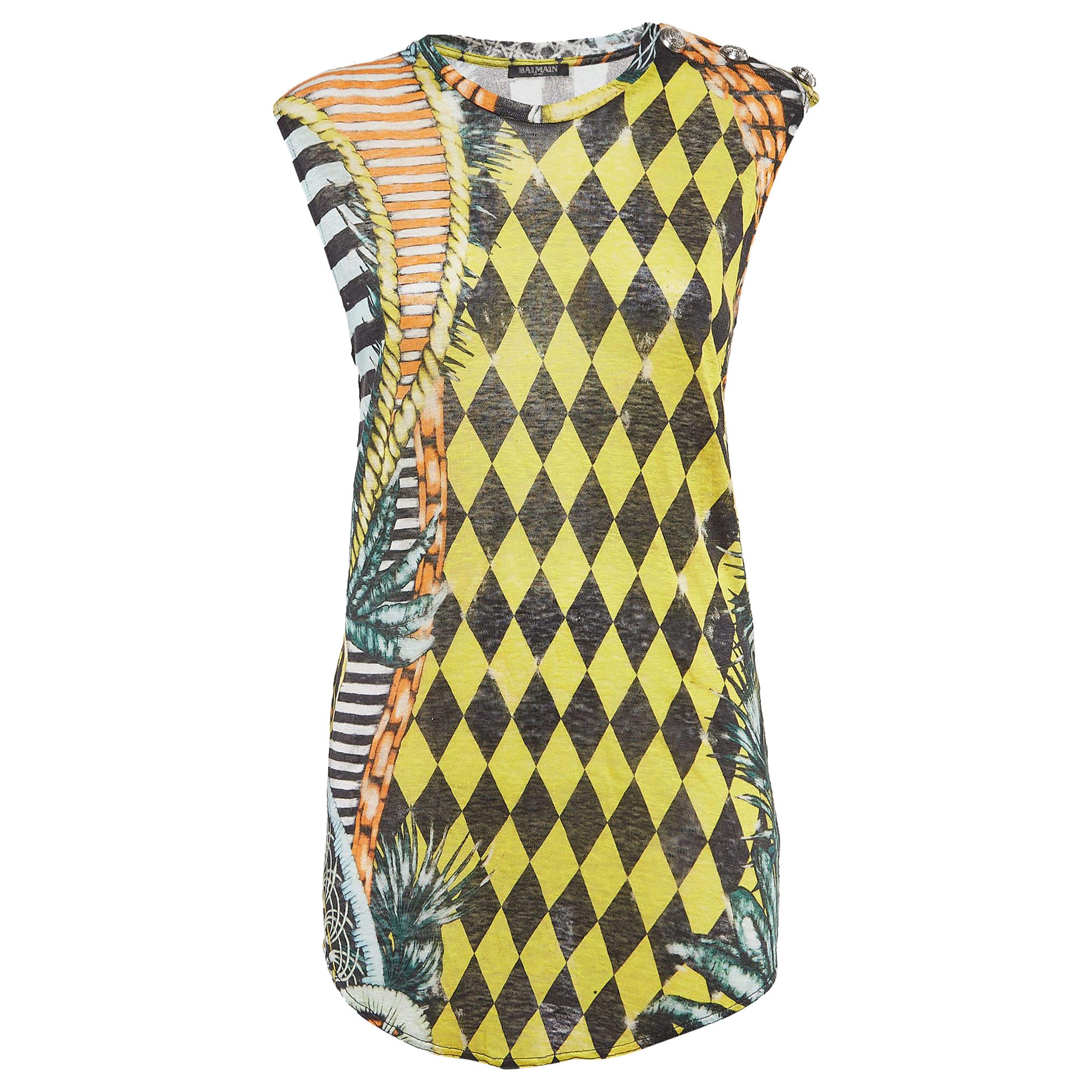 Balmain Vintage Mehrfarbig bedrucktes Leinenstrick-Tanktop mit Knopfleiste Detail, M