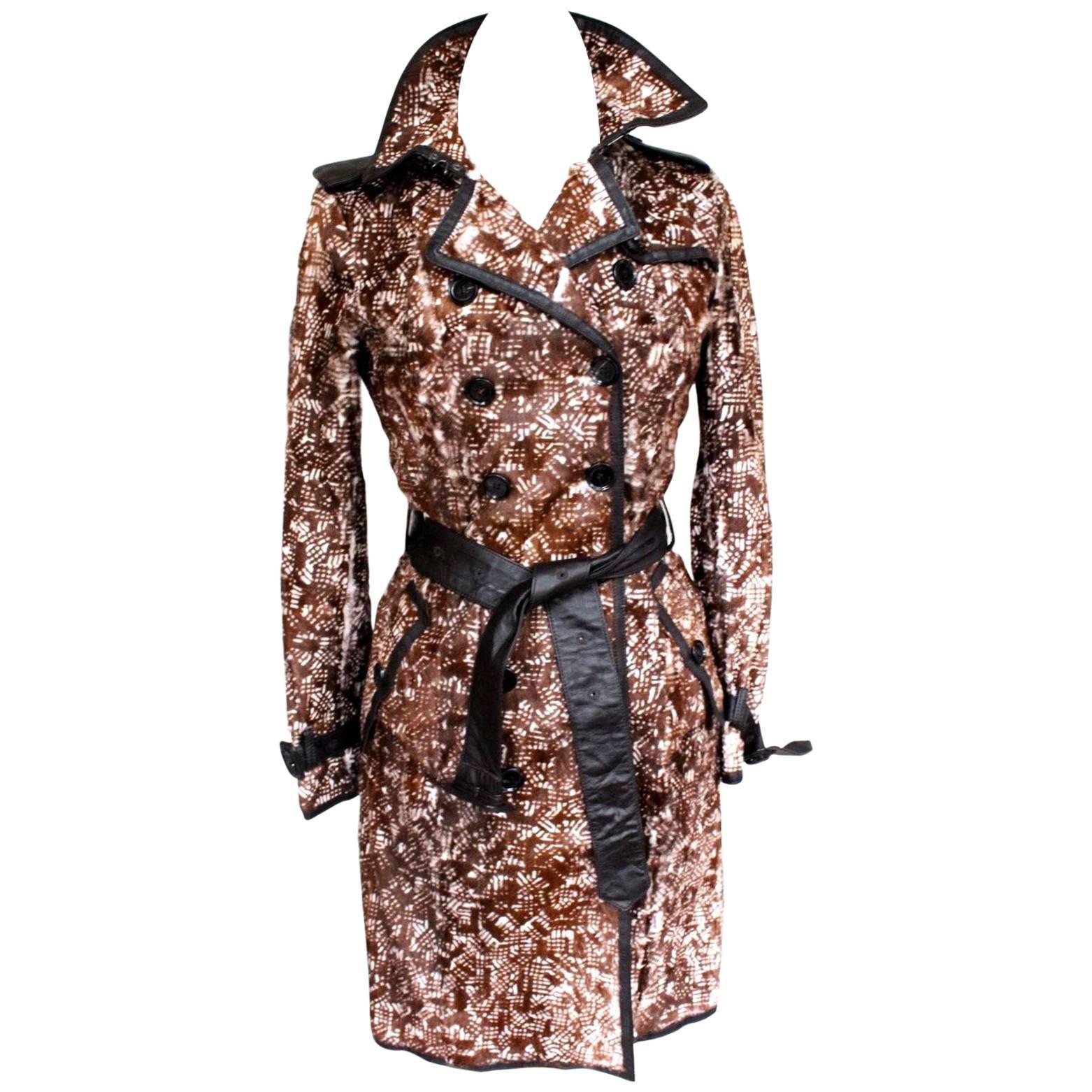 Burberry Brown Abstract Print Rabbit Fur Leather Trench Coat UK 8 For Sale