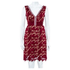 Self-Portrait Burgundy Guipure Lace Plunge Neck Detail Short Dress S