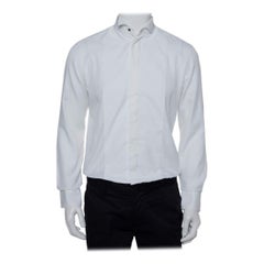 Armani Collezioni White Cotton & Silk Stand Collar Tuxedo Shirt L