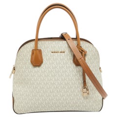 Michael Kors - Borsa in tela rivestita marrone/bianca con firma, Veronica Dome Satchel