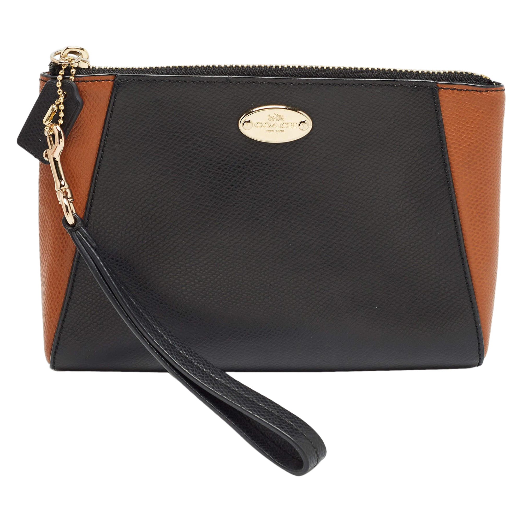 Coach Black/Brown Leather Morgan Wristlet Clutch For Sale