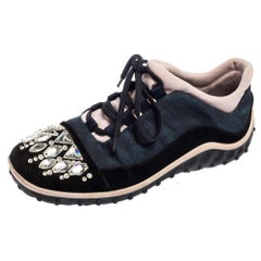 Miu Miu Multicolor Fabric and Suede Jeweled Toe Sneakers Size 37