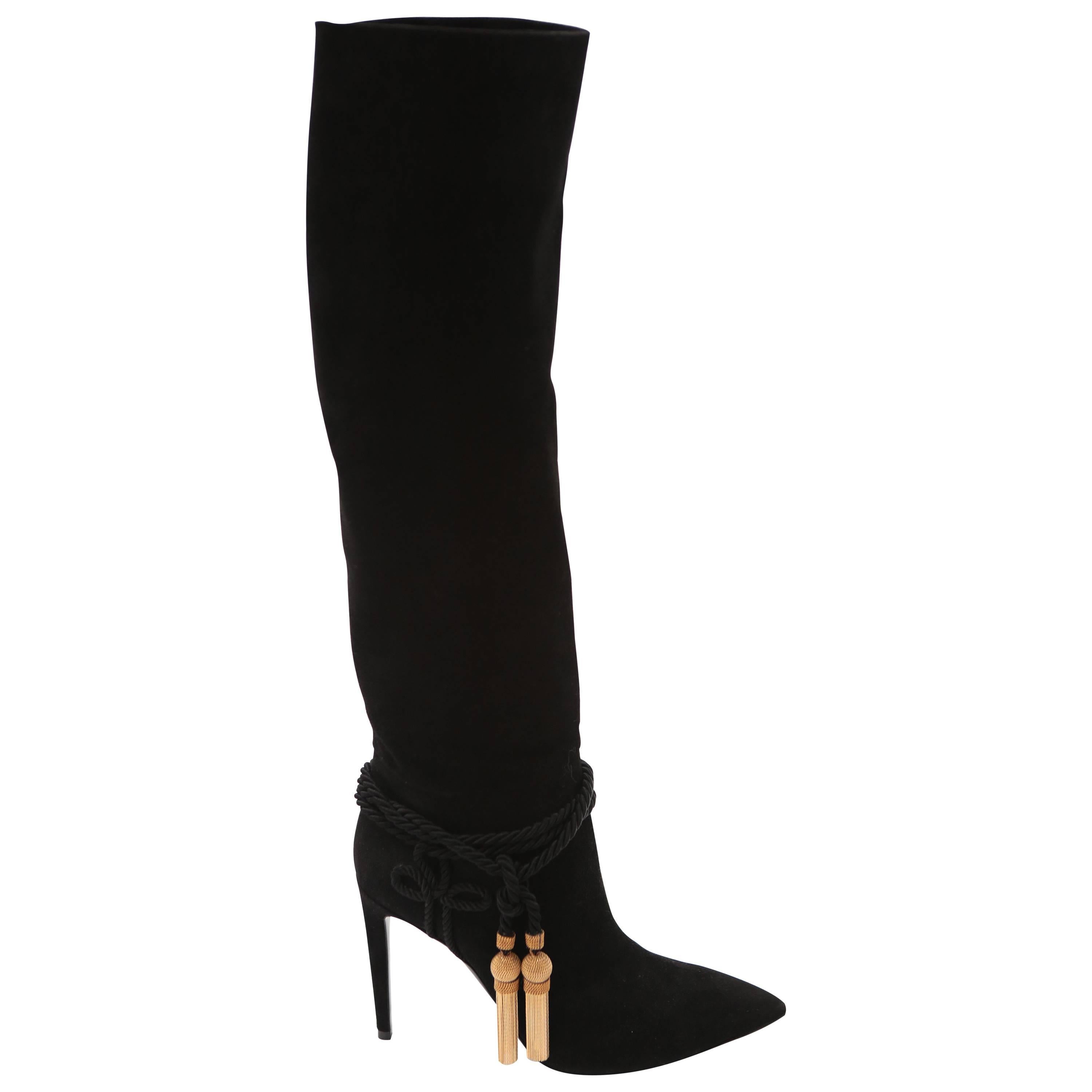 Ralph Lauren Collection Black Suede Boots with Gold Tassel