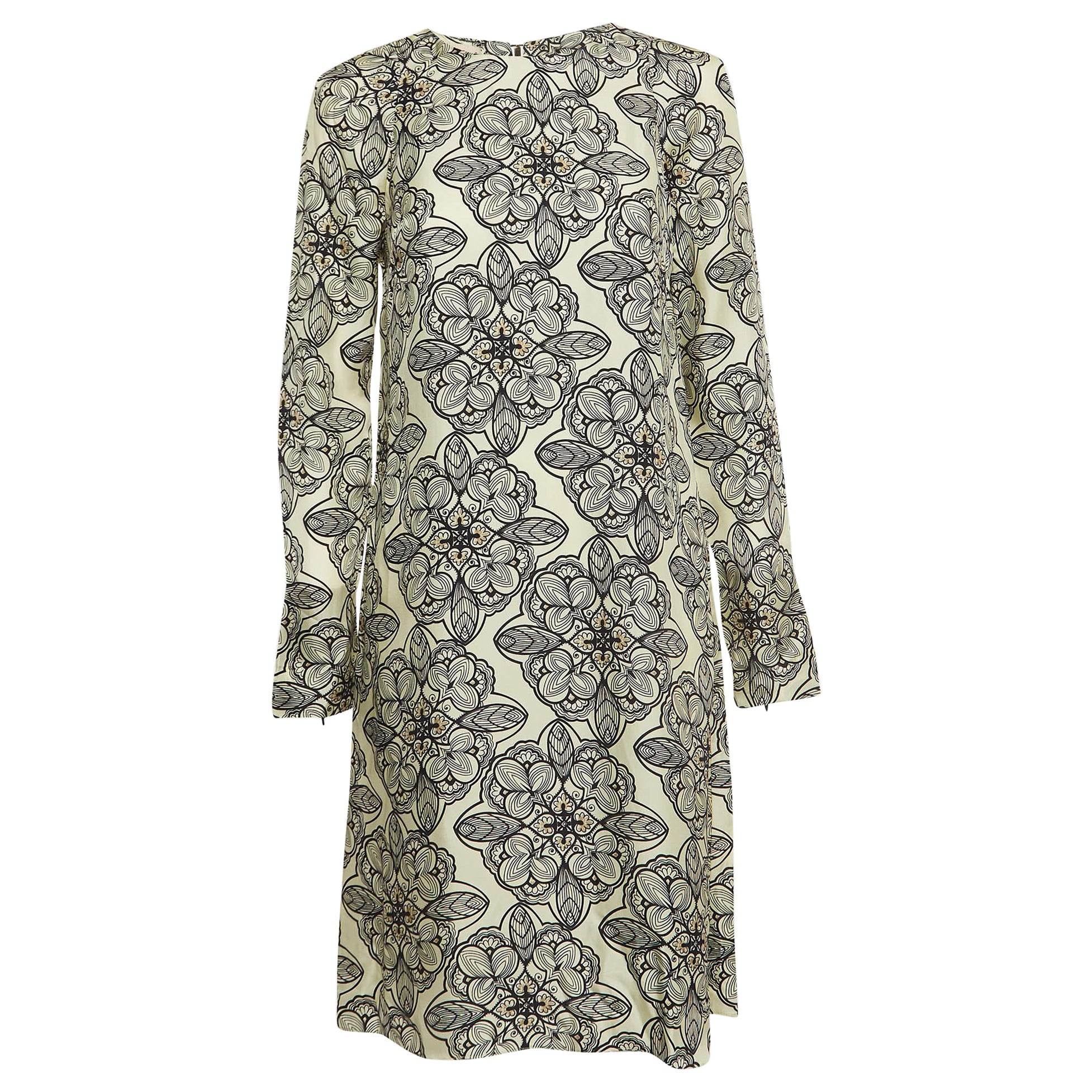 Marni Cream Floral Print Silk Long Sleeve A-Line Dress M For Sale