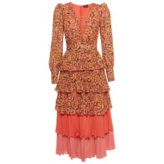 Elisabetta Franchi Orange gestuftes Midikleid aus Krepp mit abstraktem Druck und abstraktem Druck S