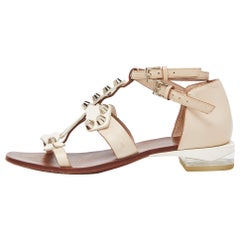 Tory Burch Beige Leather Studded Flat Sandals Size 37