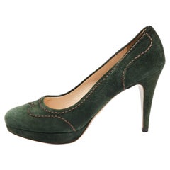 Prada Green Suede Stitch Detail Platform Pumps Size 39