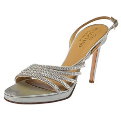 Valentino Light Grey Satin Crystal Embellished Slingback Sandals Size 39.5