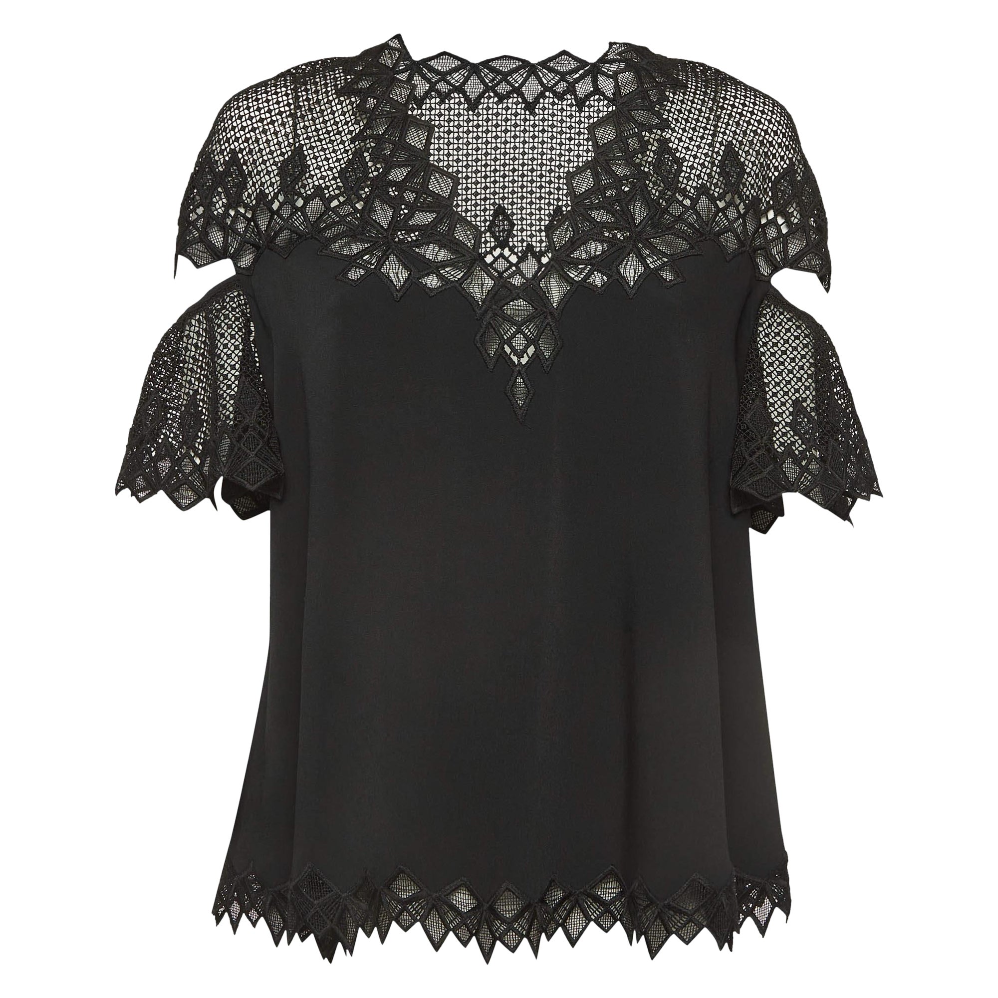 Jonathan Simkhai Black Lace Trim Crepe Cut-Out Sleeve Detail Blouse S For Sale