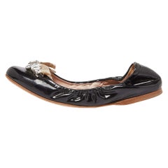Miu Miu Black Patent Leathre Crystals Embellished Scrunch Ballet Flats Size 38