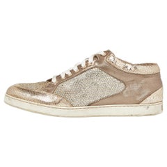 Jimmy Choo Gold Leather and Coarse Glitter Miami High Top Sneakers Size 41