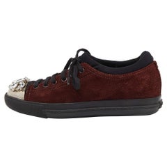 Miu Miu Brown/Black Suede and Neoprene Crystal Cap Toe Sneakers Size 38.5