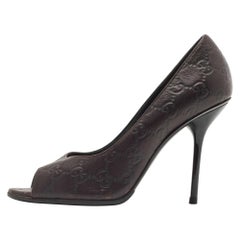 Gucci Brown Leather Guccissima Peep Toe Pumps Size 37.5