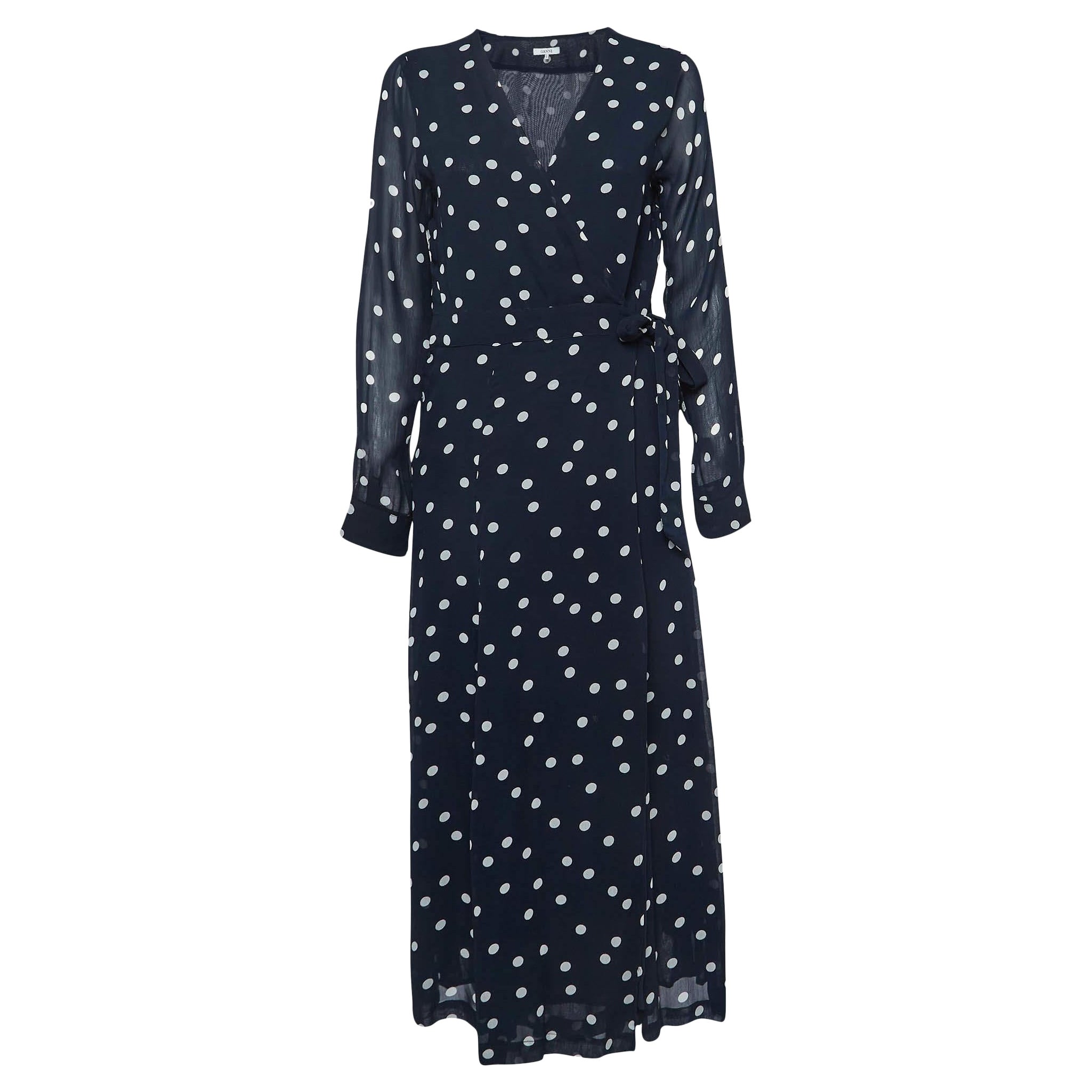 Ganni Vestido cruzado de gasa de lunares azul marino S en venta