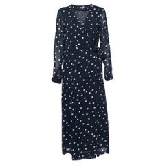 Ganni Navy Blue Polka Dots Chiffon Midi Wrap Dress S