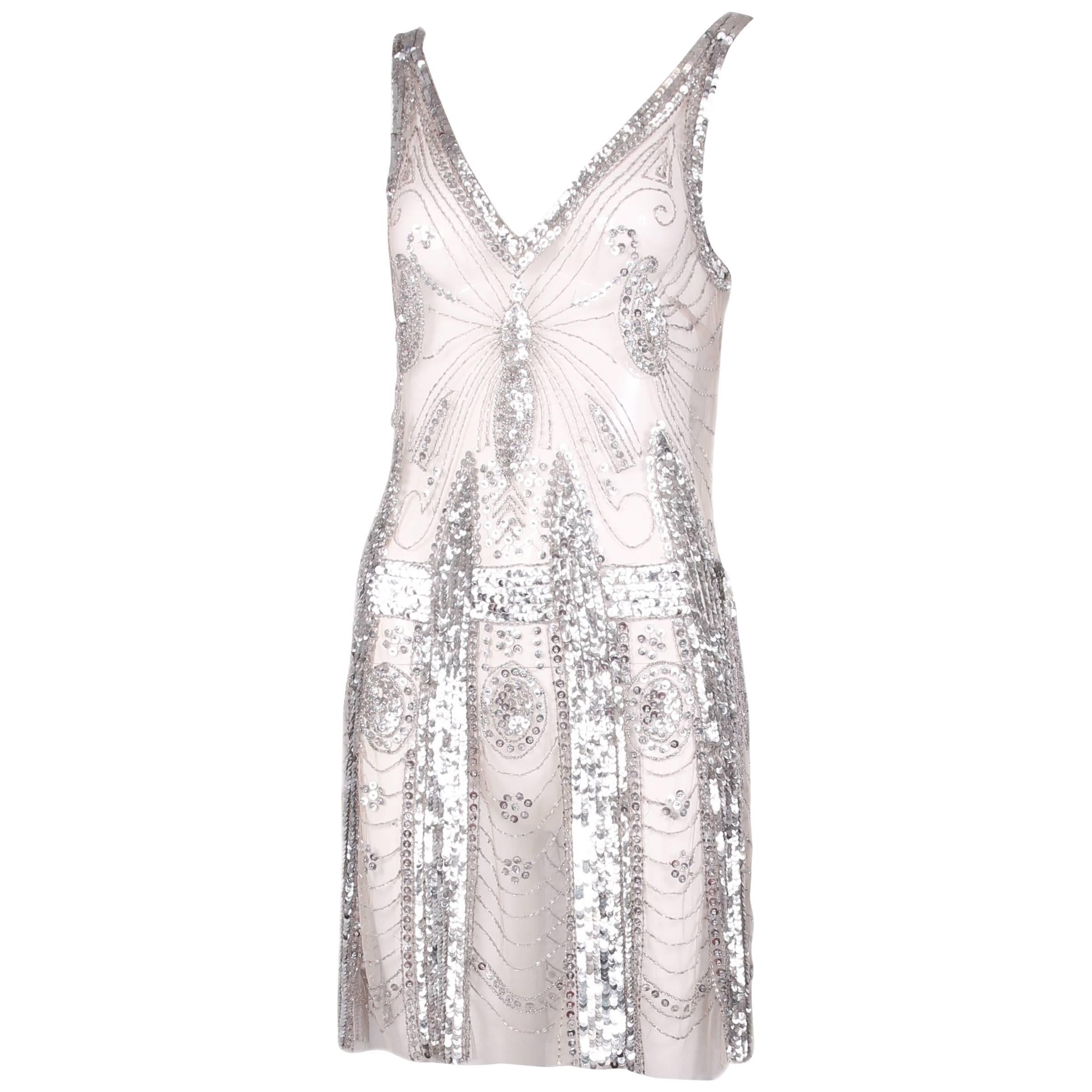 Pierre Balmain Sheer Mini Dress Embellished w/Silver Sequins & Beads