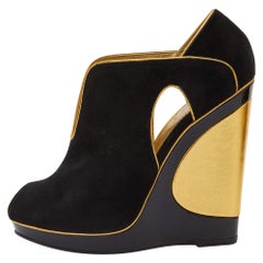 Yves Saint Laurent Black/Gold Cut-Out Suede Peep Toe Platform Wedge Size 36