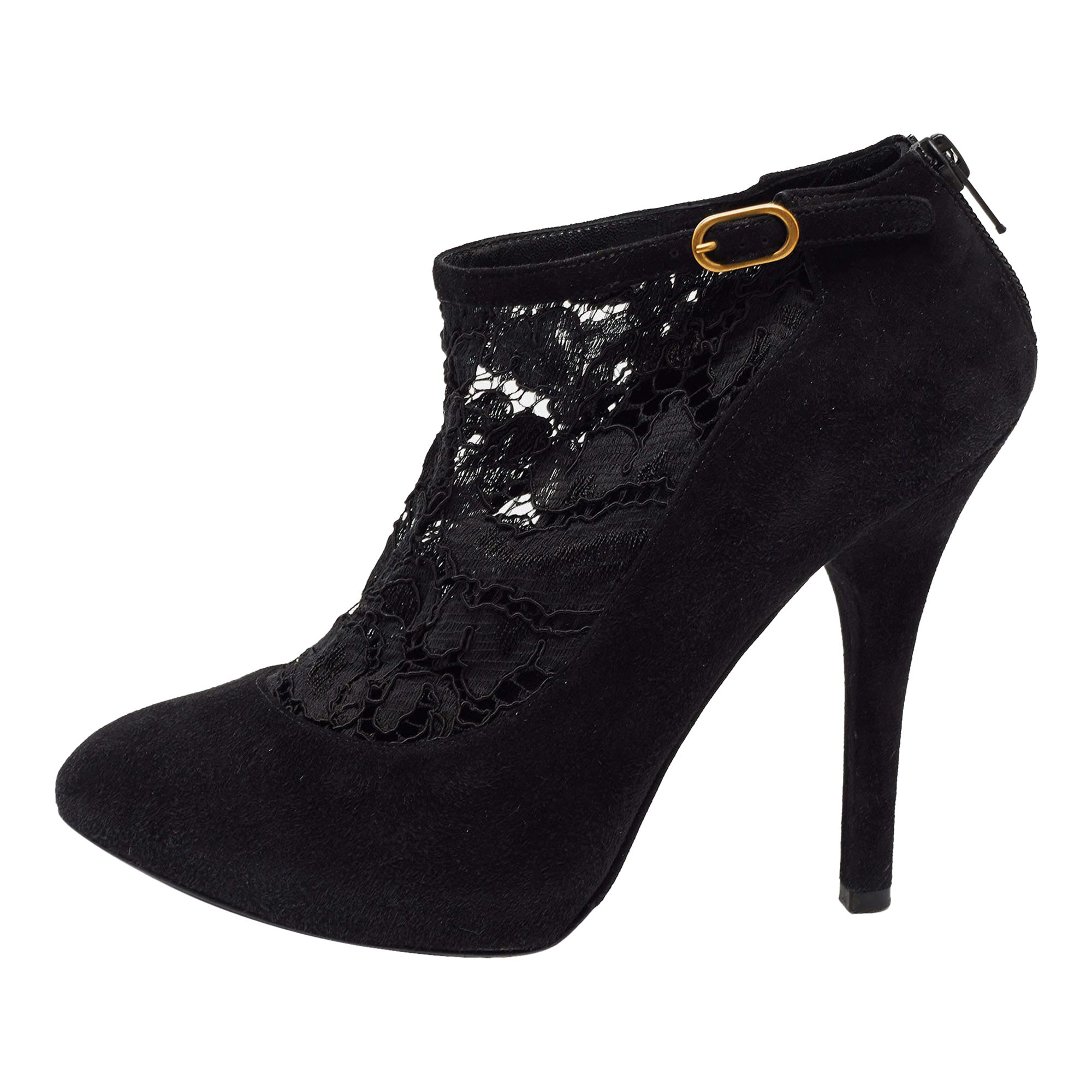 Dolce & Gabbana Black Suede and Lace Pointed Toe Booties Size 38.5