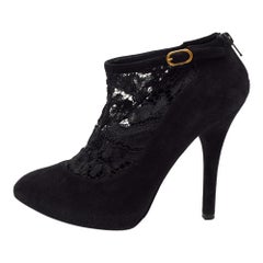 Dolce & Gabbana Black Suede and Lace Pointed Toe Booties Size 38.5