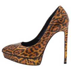 Saint Laurent Metallic Leopard Print Leather Janis Pointed Toe Pumps Size 38