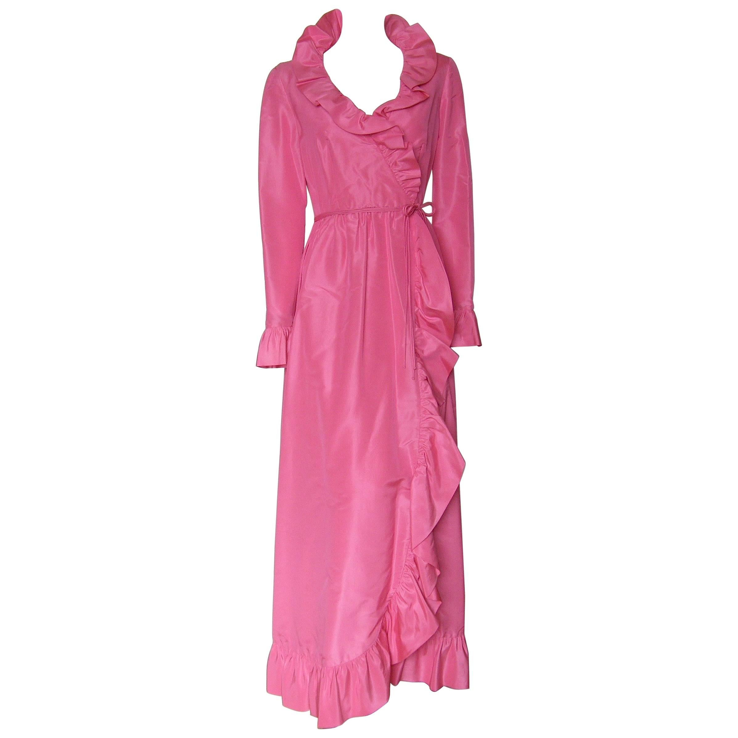 Mollie Parnis Pink Silk Gown Wrap Style with Ruffled Edges and Skirt Slit For Sale