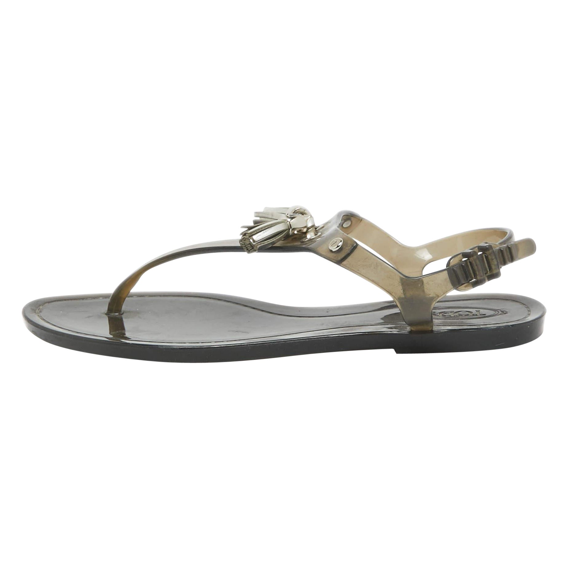 Tod's Black Rubber Slingback Thong Flats Size 37 For Sale