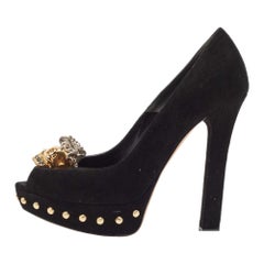 Alexander McQueen Black Suede Skull Peep Toe Platform Pumps Size 36