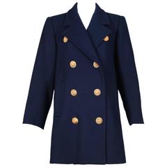 Vintage Yves Saint Laurent YSL Navy Wool Caban Coat Jacket W/Gold-toned Buttons