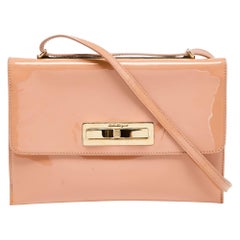 Salvatore Ferragamo Peach Patent Leather Metal Bow Flap Shoulder Bag