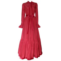 Vintage Oscar de la Renta Red Silk Taffeta Gown with Tiered Skirt and Ruffled Cuffs