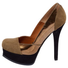 Fendi Olive Green /Gold Suede and Patent Leather Fendista Platform Pumps Size 37
