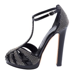 Alexander McQueen Black Studded Leather Peep-Toe T-Bar Platform Sandals Size 36