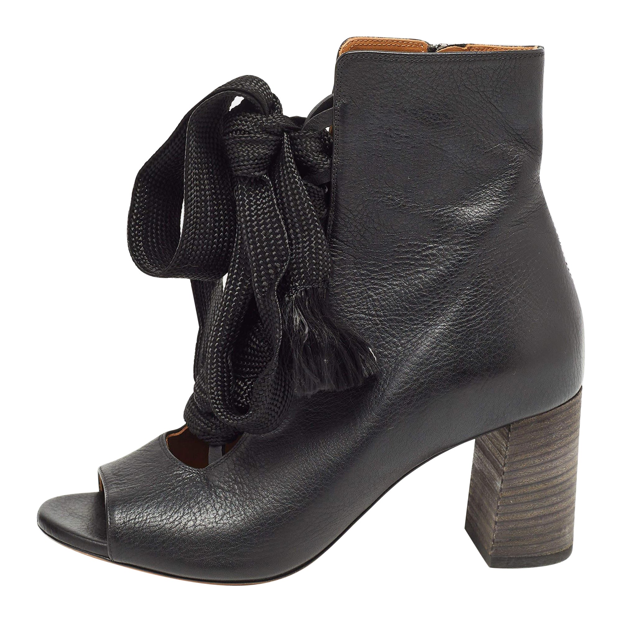 Chloe Schwarz Leder Harper Peep Toe Knöchel-Wickelstiefeletten Größe 37,5