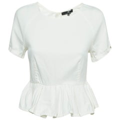 Elisabetta Franchi White Denim Gathered Short Sleeve Blouse M