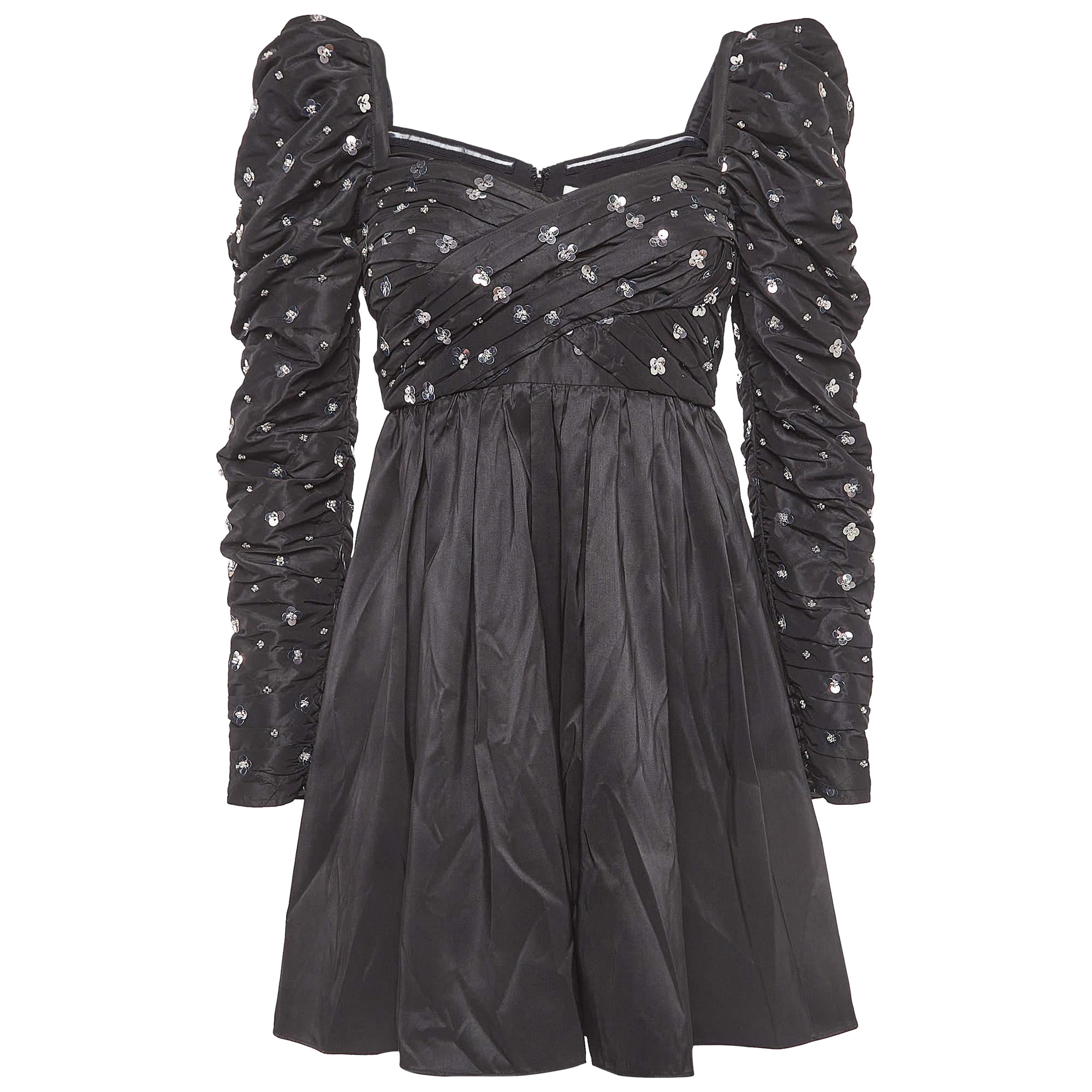 Self-Portrait Black Cluster Sequin Synthetic Taffeta Mini Dress S For Sale