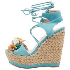 Used Stuart Weitzman Blue Suede Lace Up Wedge Sandals Size 36