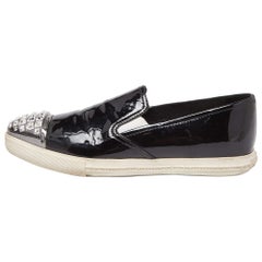 Miu Miu Black Patent Leather Crystals Embellished Slip On Loafers Size 37