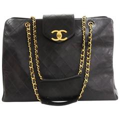 Vintage Chanel Supermodel Black Leather XL Shoulder Tote Bag