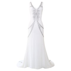 Nicole Miller white ivory silver beaded sheer backless train wedding gown dress
