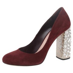 Miu Miu Burgundy Suede Crystal Embellished Block Heel Pumps Size 40.5