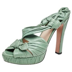 Prada Green Pleated Leather Bow Detail Slingback Platform Sandals Size 40